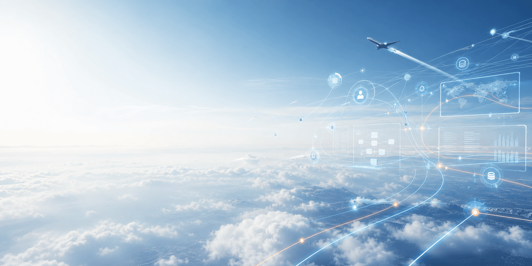 Futuristic sky with AI workflow routes and aviation-inspired data paths